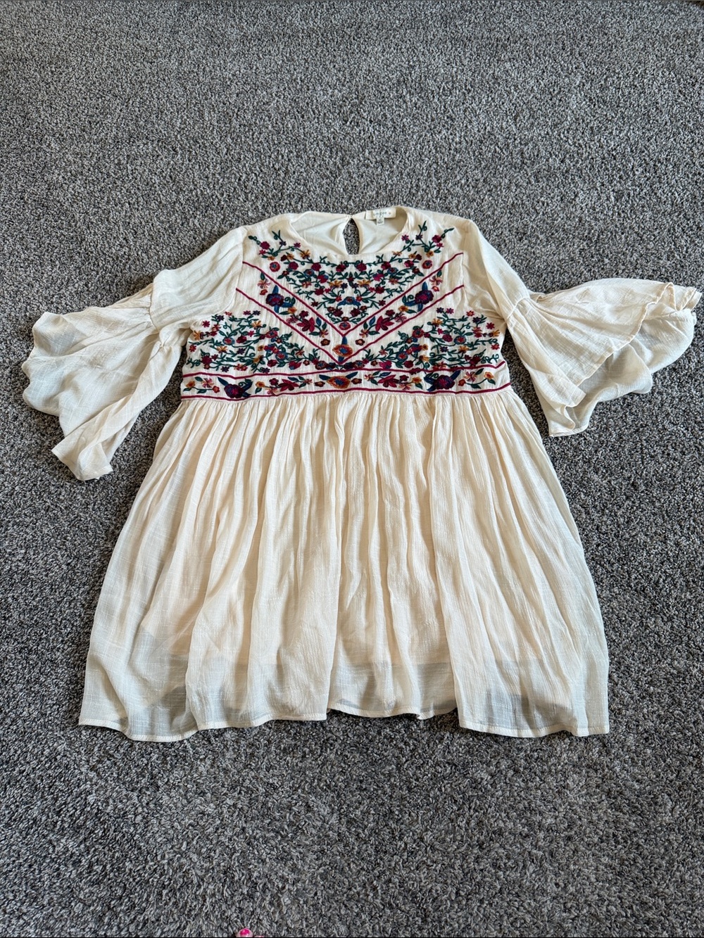 Umgee Cream Boho Dress with Multicolor Floral Embroidery Size XL